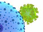 3d rendered close up of hi virus and human cell