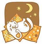 The amusing white cat sleeps on pillows on a background of the night sky.