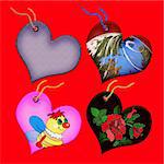 Gift tags in the form of heart. Isolated on a red background