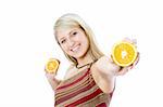 Young happiness woman giving sliced orange. Isolated over white