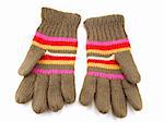 bright knitted gloves with colorful stripes. Isolated