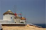 Three of the famous windmills in Mykonos island, Greece