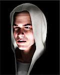 An image of a angry thug with a hoodie, it would be good image to highlight criminality concepts.