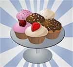 Various cupcakes arranged on a plate, illustration