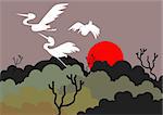 Illustration of a crane flying above trees