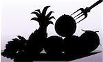 Illustration of silhouette of group of fruits in a plate and fork