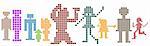 pixels silhouettes; kids, men, women