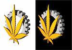 golden hemp symbol and gearwheel on white and black background