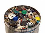 A large tin can full of sewing buttons, isolated on a white background