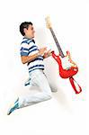 Portrait of crazy teen jumping with electric guitar - isolated