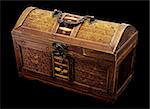 Wooden chest with iron handles on a dark background
