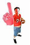 Overweight, middle aged sports fan in a football jersey with a number one foam finger.