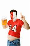 Sports fan with painted face wearing a team jersey and guzzling beer from a pitcher.  Isolated on white.