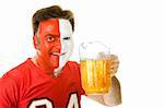 Thirsty sports fan with painted face, holding a pitcher of beer.  Isolated on white.