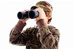 front view boy viewing through binoculars on an isolated background