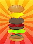 Hamburger illustration, layered burger with cheese vegetables