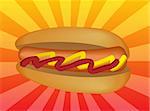 Hot dog illustration, sausage in bun with condiments