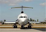 Front view of classic jet airplane on a tarmac