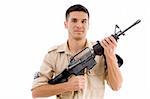 smiling soldier posing with gun with white background