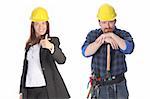 businesswoman and construction worker with architectural plans