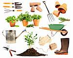 Variety of objects for spring planting on white background