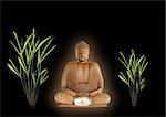 Buddha with golden aura in prayer holding a glowing white lotus lily flower with bamboo grass either side. Over black background.