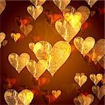 golden and red hearts over gold background with feather center