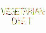 Vegetable selection spelling the words vegetarian diet, over white background.