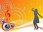 dancing girl with halftone musical wave and speaker, illustration