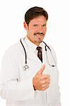 Handsome doctor giving the thumbs up sign.  Isolated on white.