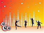 four dancing people with stars and musical graph on orange background, illustration