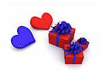 blue and red hearts with gifts. 3d