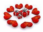 fire hearts around gifts. 3d