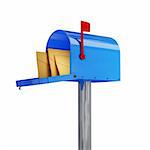 3d image of classic blue mail box with envelope