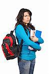 Young student woman with books and black backpack on white background