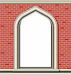 Illustration of an ancient arched window in a brick wall, suitable as a frame or border.