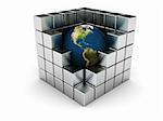 3d illustration of steel cube and earth inside it