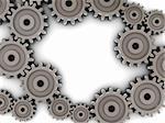 3d illustration of gear wheels around white space, frame