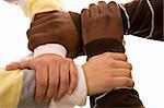 Multiracial hands holding each other iolated on white