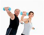 senior man and young woman exercising in gym. White background