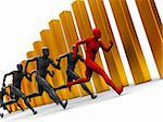 abstract 3d illustration of team with leader runing over golden bars