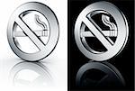 3d rendering of a no smoking sign in brushed metal on a white and black reflective floor.