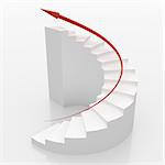 White spiral stairs with a red arrow 3d rendering