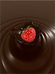 3d rendered illustration of a strawberry falling into molten chocolate