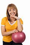 Fitness girl with a red ball over white