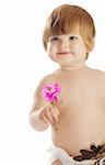 Smiley baby girl holding a flower