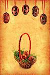 Grunge wallpaper with Easter basket and eggs