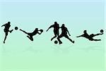 Soccer players silhouettes over green and blue background