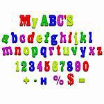 Vector fridge magnet alphabet spelling ABC letters and numbers illustration