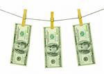 100 us dollar banknote hanging on a rope over white